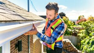 Professional conducting a Roof Inspection, checking the gutter system and roof edge to assess overall condition.